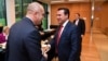 Bulgarian President Rumen Radev (left) and Macedonian Prime Minister Zoran Zaev meet at the summit in Brdo, Slovenia, on October 6.