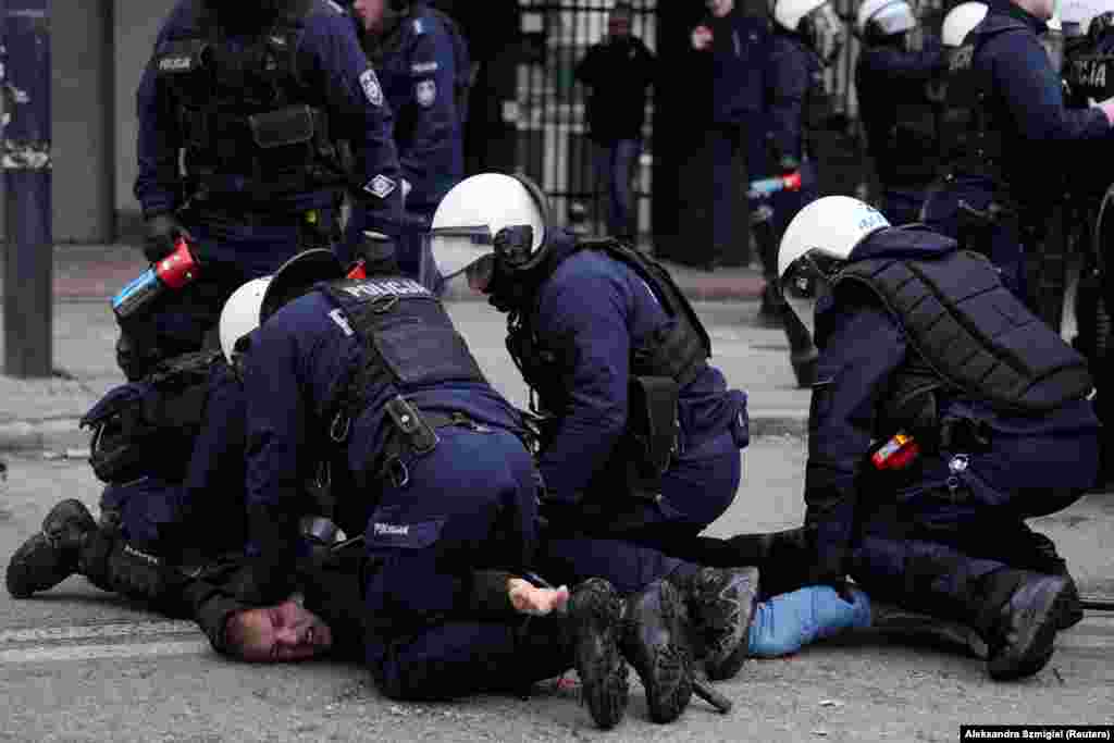 A man is forcefully detained by police during the protests.&nbsp; After Russia&#39;s February 2022 invasion of Ukraine, Brussels lifted duty fees for all Ukrainian products imported into the EU. The measures offered a lifeline for Ukrainian farmers affected by war but resulted in food producers within the bloc being forced to compete with Ukrainian farmers not subject to the same red tape.&nbsp; &nbsp;