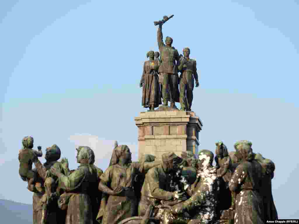 The Monument to the Soviet Army in Sofia, photographed in August 2023. The statues atop the column were cut into pieces with angle grinders and lowered to the ground in December 2023. Local authorities have claimed they will restore the dissected statues and put them on public display in an unspecified location.