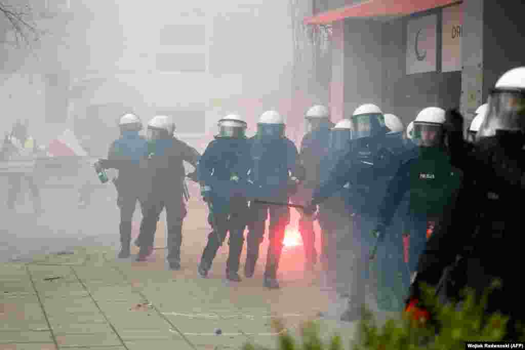 Police seen during the March 6 protest in Warsaw.&nbsp; The European Union says its Green Deal is a part of the bloc&#39;s goal to reach &quot;climate neutrality&quot; by 2050, which Brussels says &quot;underpins the EU&#39;s position as leading the way in the global fight against climate change.&quot; &nbsp;