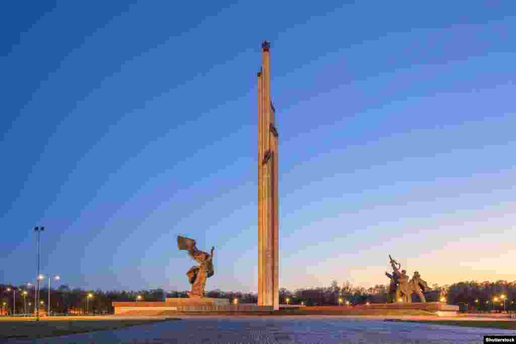 Riga&rsquo;s Monument to the Liberators of Soviet Latvia and Riga from the German Fascist Invaders. The 79-meter-high obelisk at the center of the complex was toppled in August 2022. The park was reopened in November 2023 after extensive remodeling that saw the installation of a skate park and walkways.