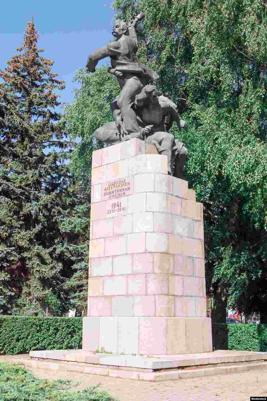 The Defenders of Liepaja monument in western Latvia, photographed in September 2022. The statue, dubbed the &ldquo;grenade thrower,&rdquo; depicted a worker fighting the 1941 Nazi invasion of Latvia alongside a Soviet sailor and paramedic. The monument was taken down in October 2022.