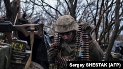 A Ukrainian serviceman in Bakhmut in March 2023