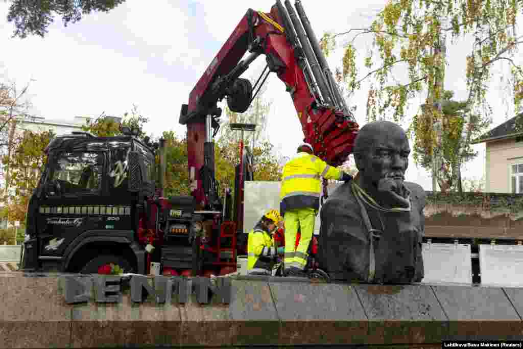 Finland&#39;s last publicly displayed likeness of Lenin being removed from Kotka, in southeastern Finland, in October 2022.&nbsp;&nbsp;