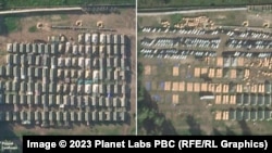 A comparison of satellite images showing the dismantling of tents at the Wagner camp in Tsel, Belarus, as of September 9 (right) compared to August 1 (left).