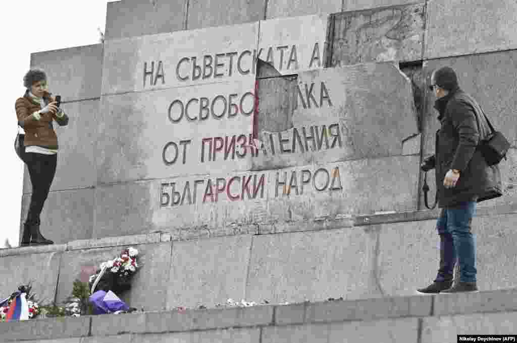 This damage to the base of the Monument to the Soviet Army in Sofia was photographed on February 23. The destruction shattered some plates of an inscription that reads: &quot;To the Soviet Army liberators -- from the grateful people of Bulgaria.&quot; It&#39;s the latest damage to Sofia&rsquo;s most controversial memorial.