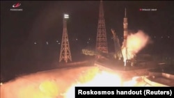 A Soyuz MS-23 spacecraft blasts off from the launchpad at the Baikonur Cosmodrome in Kazakhstan on February 24. 