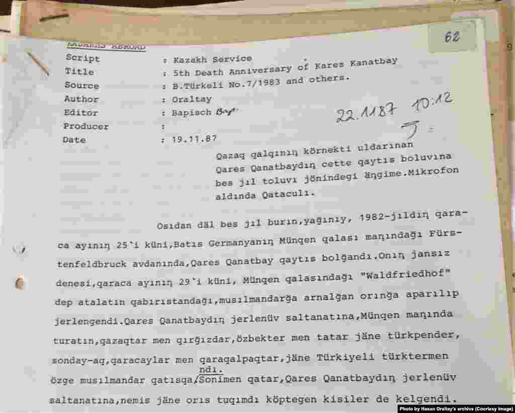 Қарыс Қанатбайдың қайтыс болғанына бес жыл толуына орай 1987 жылғы 22 қарашада Азаттық радиосы эфирінен берілген хабардың жазбасы. Мюнхен, Германия.