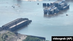 An aerial view of the destroyed Kakhovka dam in June