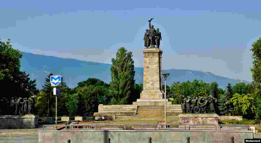 The Sofia memorial in 2011. The centerpiece of the Monument to the Soviet Army is a 37-meter-high pedestal depicting a Soviet soldier flanked by Bulgarian civilians. Several other military-themed compositions are dotted around the park-sized memorial grounds. The site has long been a rallying point for far-left activists&nbsp;and, in recent years, the memorial has also become a target for anti-Kremlin activism.