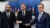 U.S. Secretary of State Secretary Antony Blinken (center) shakes hands with Armenian Foreign Affairs Minister Ararat Mirzoyan (left) and Azerbaijani Foreign Affairs Minister Jeyhun Bayramov on May 1.