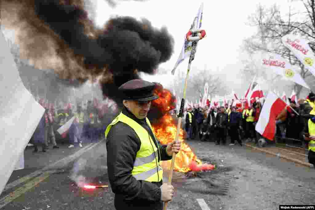 Farmers in Warsaw protest on March 6 against EU &quot;Green Deal&quot; measures, and duty-free imports of Ukrainian food to Poland.&nbsp;