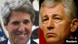 U.S. Democratic Senator John Kerry (left) and former Republican Senator Chuck Hagel 