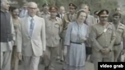 U.K. Prime Minister Margaret Thatcher (center) and Pakistani President Zia-ul-Haq visit the Afghan border in October 1981.