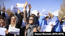 Hazara protest against the deteriorating security situation as they arrive in Ghazni city to take refuge on November 12.