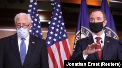 U.S. House Intelligence Committee Chairman Adam Schiff (right) speaks to reporters at a news conference following the briefing at the U.S. Capitol in Washington on June 30.