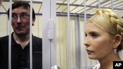 Former Interior Minister Yuriy Lutsenko (left, in defendant's cage) and Yulia Tymoshenko talk in a courtroom in Kyiv in May 2011.