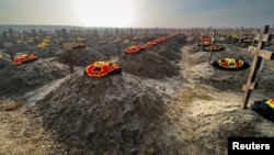 Graves of Russian Wagner mercenary group fighters are seen in a cemetery near the village of Bakinskaya in Russia's Krasnodar region on January 22.