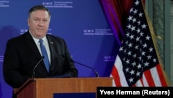 U.S. Secretary of State Mike Pompeo speaks at a conference of the German Marshall Fund in Brussels on December 4.