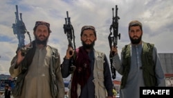 Taliban fighters patrol in Kabul on May 30.