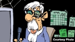 Cartoon by Nikahang Kowsar, an exiled Iranian cartoonist, showing Mir Hossein Musavi "10 years from now, writing his 300th statement"