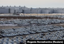 New cars are seen parked at a plant of Volkswagen Group Rus in Kaluga. Volkswagen announced in March that it was suspending production at two Russian assembly plants.