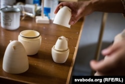 Nesting dolls seen in Yeudakimava-Yendzheyeuskaya's workshop in Hrodna in 2019.