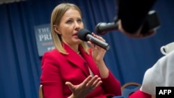 Russian presidential candidate Ksenia Sobchak speaks during a press conference on February 6 in Washington, where she says she plans to meet with officials from the U.S. administration.