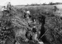 White Army soldiers in a trench in 1919.