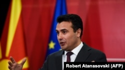 Macedonian Prime Minister Zoran Zaev giving a press conference in Skopje on October 19.