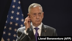 U.S. Defense Secretary Jim Mattis at a press conference following a meeting with the French defense minister in Paris on October 2.