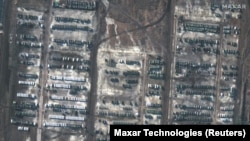 A satellite image shows Russian military vehicles massed near the Ukrainian border in Soloti, Russia, on December 5.