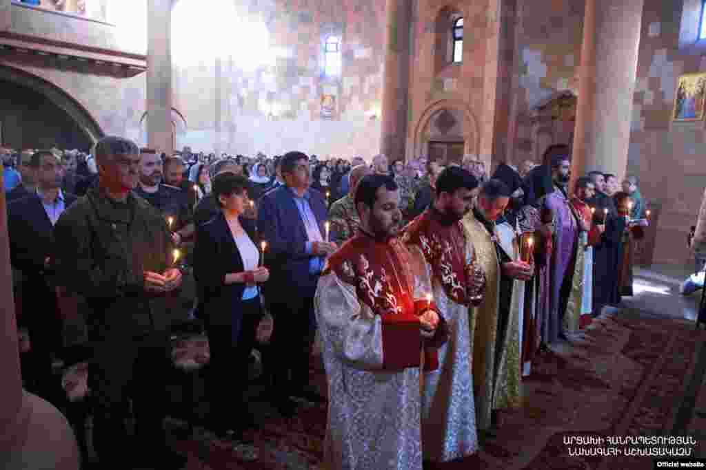 A memorial service in Stepanakert, known as Xankendi in Azeri, on September 27. The city is the largest in the Nagorno-Karabakh region still under control of ethnic Armenians. Armenia&rsquo;s prime minister has vowed to commit to the &ldquo;revival and further development&rdquo; of those parts of the region that remain in Armenian hands.