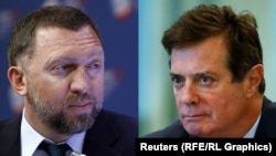 Oleg Deripaska (left) has denounced an AP report about his work with Paul Manafort, who resigned as Trump's campaign chairman in August 2016.