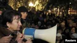 Disqualified presidential candidate Alla Dzhioyeva addresses her supporters in the South Ossetian capital Tskhinvali.