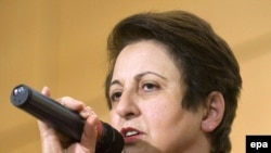 Ebadi speaks during events in Geneva on December 10 to mark Human Rights Day.