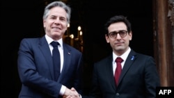 U.S. Secretary of State Antony Blinken (left) shakes hands with French Foreign Minister Stephane Sejourne prior to their meeting in Paris on April 2. 