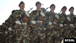 Kyrgyz soldiers marching in a military parade in Bishkek