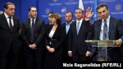 Georgia's Prime Minister-designate Bidzina Ivanishvili (far right) with some of the people he has chosen as cabinet ministers. 