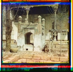 An Islamic shrine stands inside the Bahoutdin Architectural Complex on the outskirts of Bukhara. The heavily-restored shrine still stands.