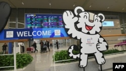 The mascot of the 2018 Pyeongchang Winter Olympics is seen at the arrival gate of Terminal 2 at
Incheon International Airport, west of Seoul.