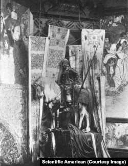 A horseback warrior model surrounded by Mucha’s artwork