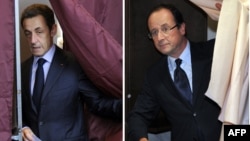 A combo photo shows President Nicolas Sarkozy (left) and Francoise Hollande voting on April 22.