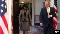 Rubin says that despite the demonization of President George W. Bush, seen here with Secretary of State Rice, the current administration has been more open to diplomacy with Iran than any since Carter's.