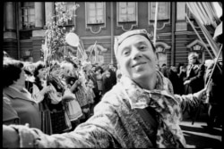 A communist May Day parade rolls down a street in Leningrad in 1974.