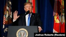 U.S. President Donald Trump announces his strategy for the war in Afghanistan during a speech from Fort Myer, Virginia, on August 21.