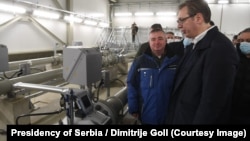 Serbian President Aleksandar Vucic (right) opens a new Balkan Stream gas pipeline in Gospodjinci, which runs through Serbia from the Bulgarian to the Hungarian border.