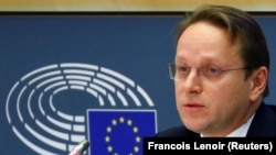 European Neighborhood and Enlargement Commissioner-designate Oliver Varhelyi of Hungary speaks during his hearing before the European Parliament in Brussels on November 14. 