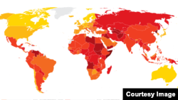 Transparency International ұйымының жемқорлық жайлы рейтингісінің әлем картасы арқылы суреттеуі. Сары түс - жемқорлық деңгейі төмен, қызыл түс - жемқорлық деңгейі жоғары елдің сипаттамасы.