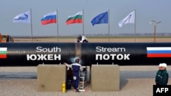 Welders work during the ceremonial start of the Bulgarian section of the South Stream pipeline in October last year. 